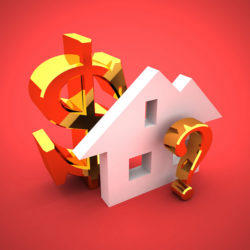 Dollar sign, house and a question mark. The answer is mortgage.