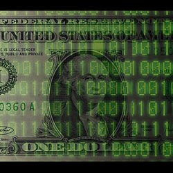 Dollar bill turning into binary code.