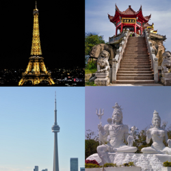 Eiffel Tower, a palace in China, the CN Tower and Indian statues.