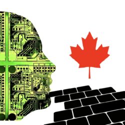 AI face, keyboard and a Canada maple leaf